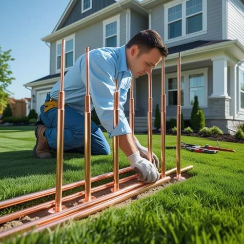 copper grounding rods outside a modern suburban (2) copper grounding rods outside a modern suburban